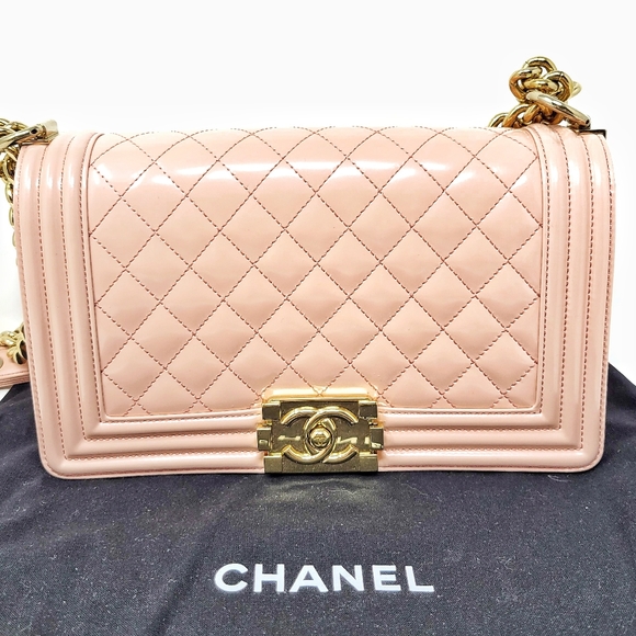 Authentic Chanel Classic Boy Bag Old Medium Patent Quilted Pink Nude GHW - Picture 2 of 10